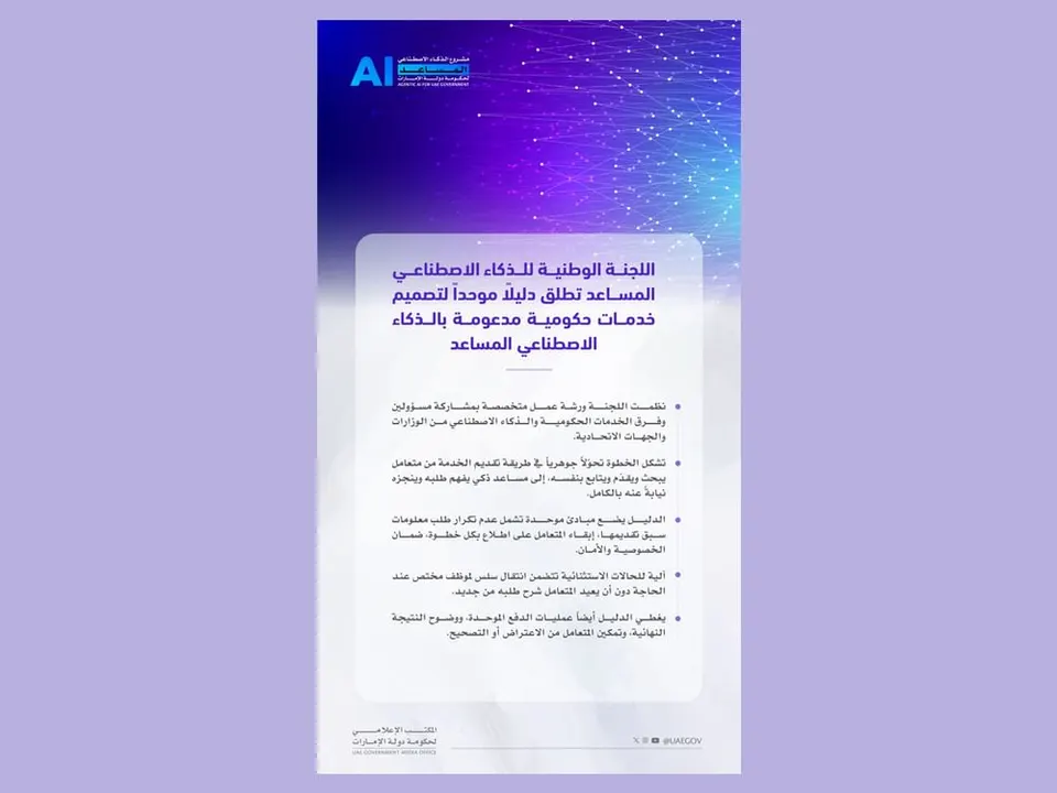 اللجنة الوطنية للذكاء الاصطناعي المساعد تطلق دليلاً موحداً لتصميم خدمات حكومية مدعومة بالذكاء الاصطناعي المساعد - وكالة وام — The National Committee for Artificial Intelligence Assistants launches a unified guide to design AI-assisted government services - WAM
